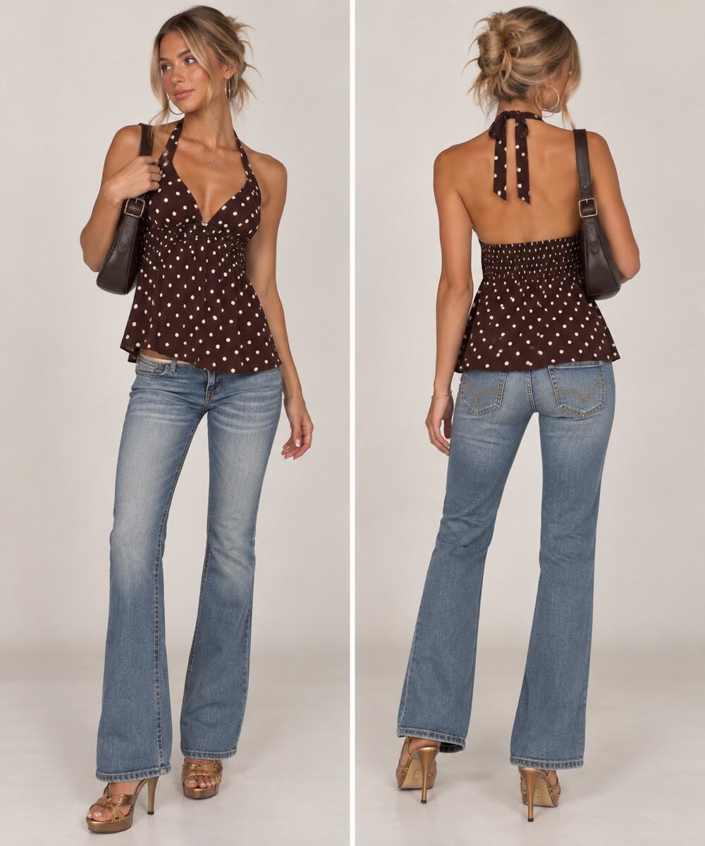 Vintage Y2K Babydoll Polka Dot Halter Top Smocked Brown White Large Going Out